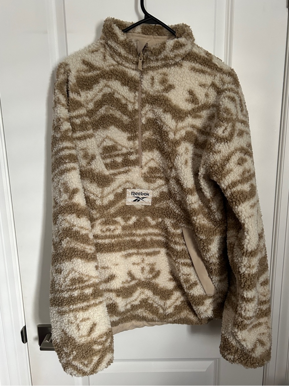 Reebok Sherpa Quarter-Zip Reversible Pullover - Cream & Tan Pattern Size L